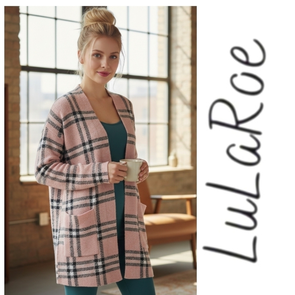 Lularoe Caroline Pink Plaid Open front Cardigan with pockets